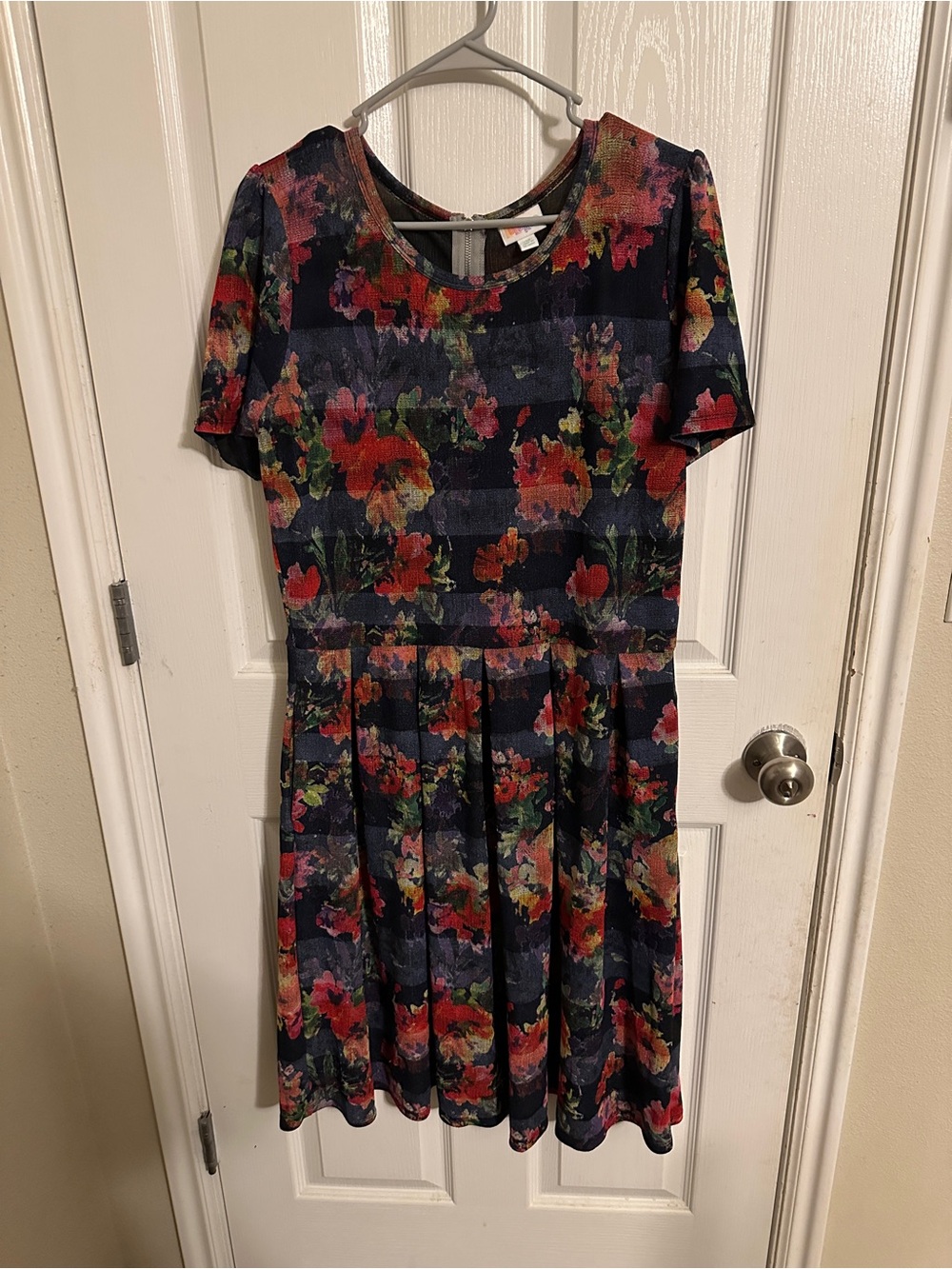 LuLaRoe Navy Floral Midi Dress with Red, Pink, Green Accents